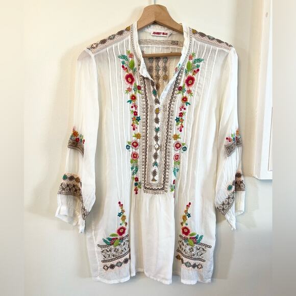 Johnny Was white embroidered tunic top bohemian western southwestern boho